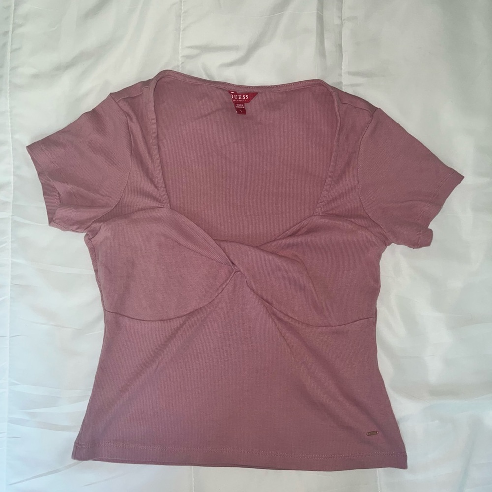 Guess Pink Fitted Tie Front Short Sleeve Tee